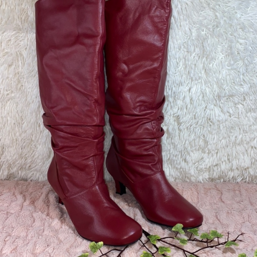 Nino Burgundy Leather Knee Length Slouchy Heel Boots